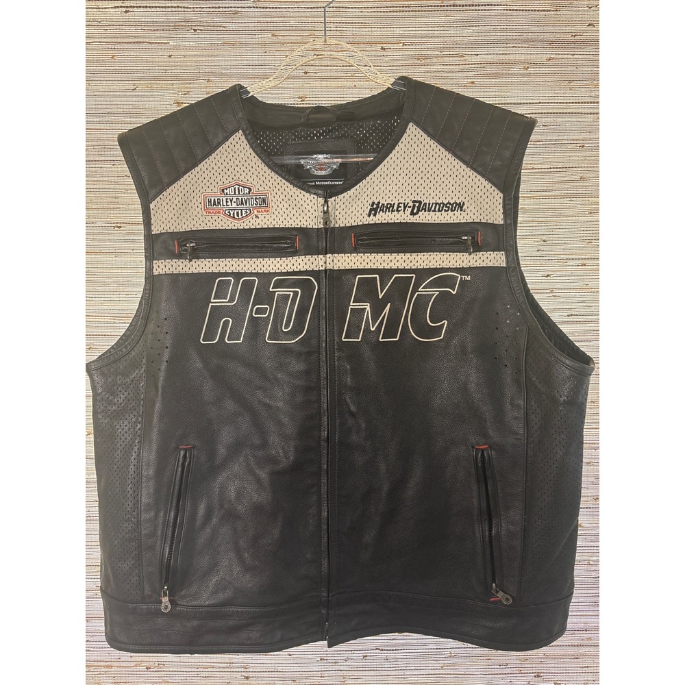Harley-Davidson Mens Leather Motorcycle Vest Perforated Biker H-D MC Black Cream